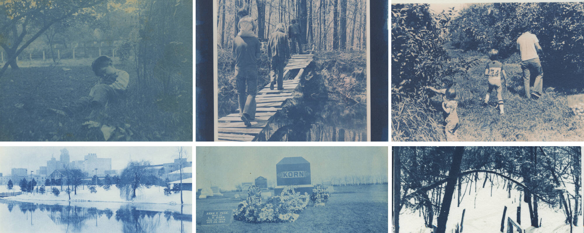 Collage of six images from the GVSU Art Museum Collection that represent examples of cyanotype photography.